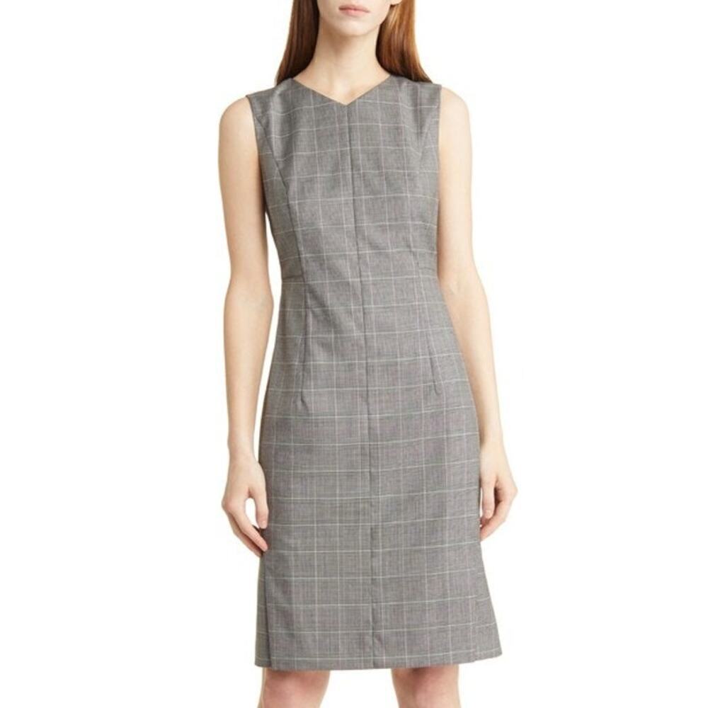 Hugo Boss Dayami Dress Check Virgin Wool Sleeveless Sheath Knee Length Gray 6